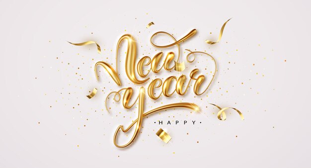 Happy New Year Elegant congratulation with 3D realistic gold metal lettering