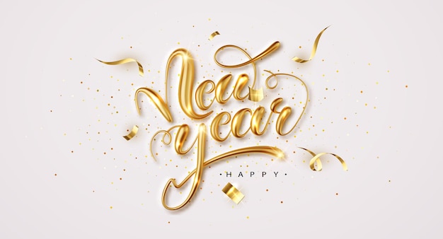 Happy New Year Elegant congratulation with 3D realistic gold metal lettering