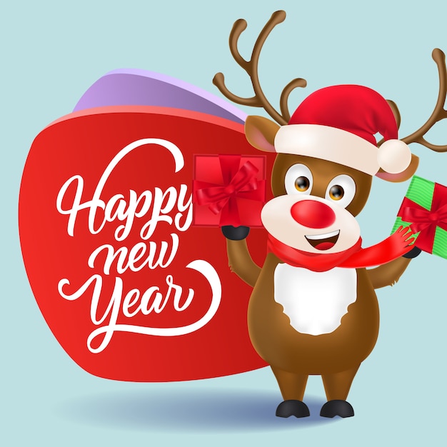 Free vector happy new year flyer design. christmas reindeer with gifts