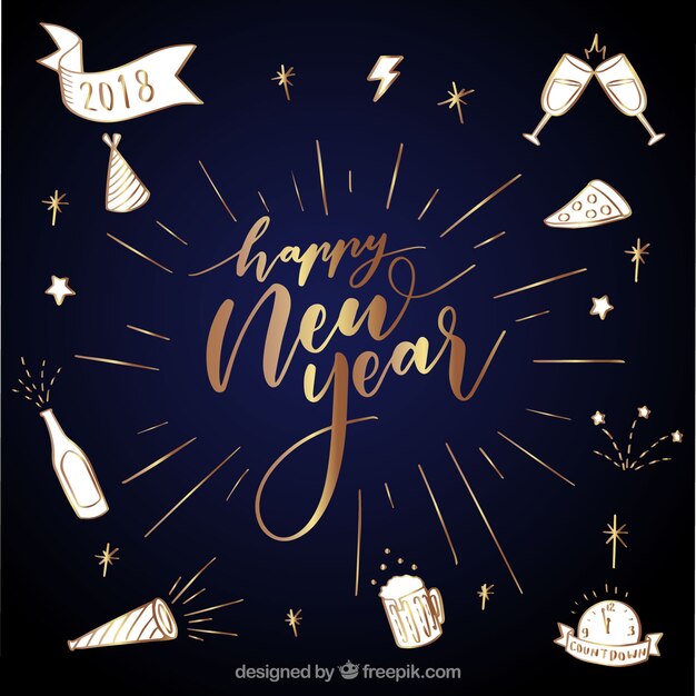 Happy new year golden background with drawings