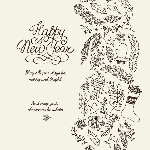 Happy New Year greetings typography design decorative card doodle with wishes all your days be merry and bright