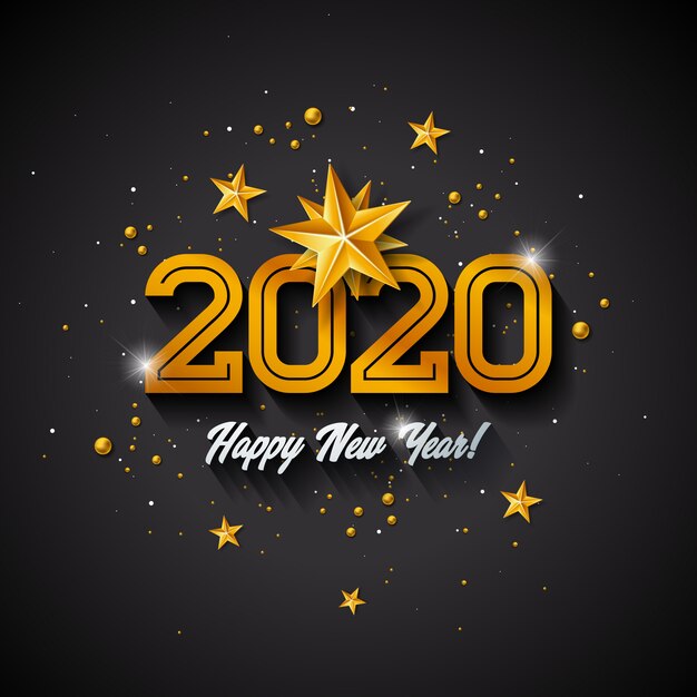 Happy New Year illustration with 3d gold number, christmas ball and lights garland