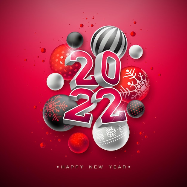 Happy new year illustration with d number and ornament glass ball on red background vector christmas