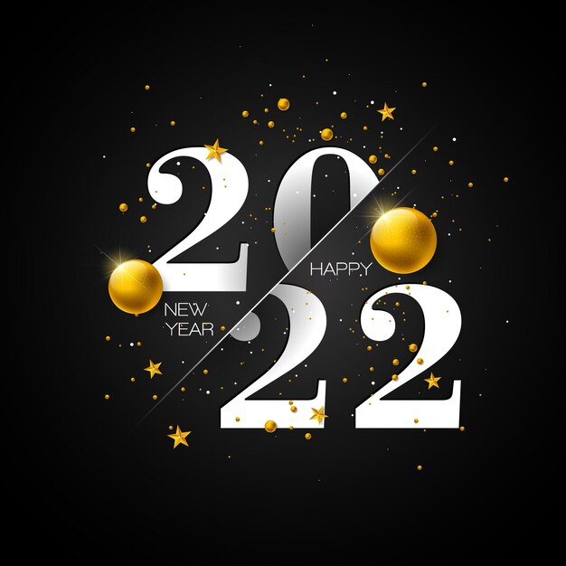 Happy new year illustration with typography lettering and christmas ball on black background