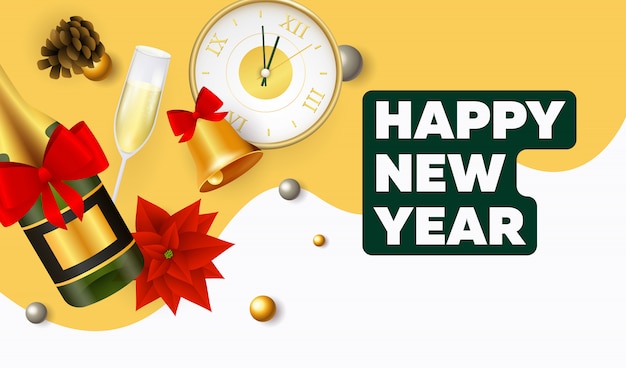 Free Vector happy new year lettering, clock, champagne bottle and glass