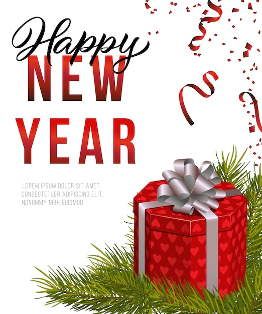 Happy New Year poster design. Red gift box