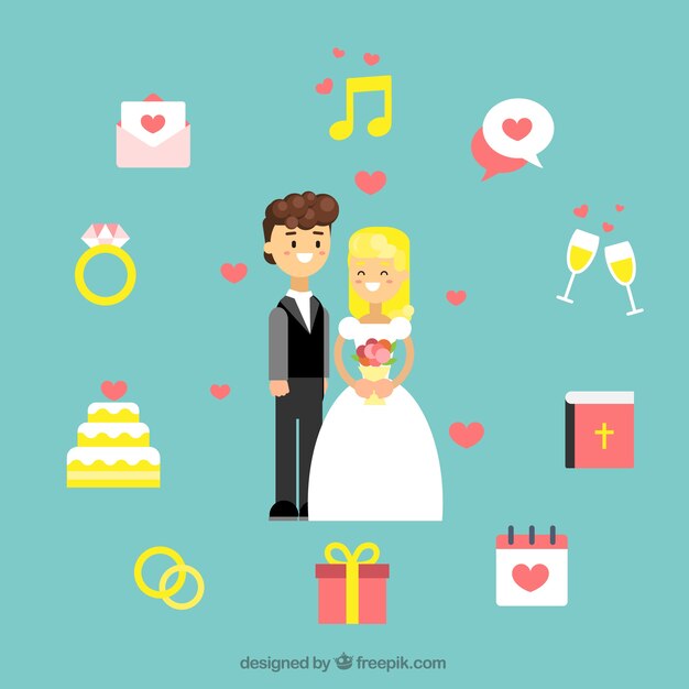 Happy newlyweds with decorative items