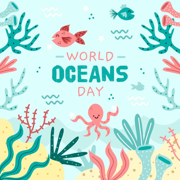 Happy octopus and fish hand drawn oceans day