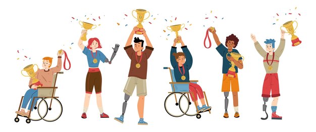 Happy paralympic athletes with gold medals cups