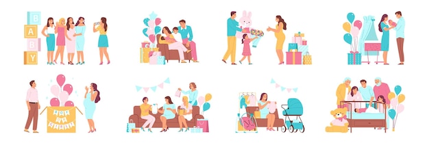 Free vector happy parents during baby shower party and with newborn babies flat set isolated vector illustration