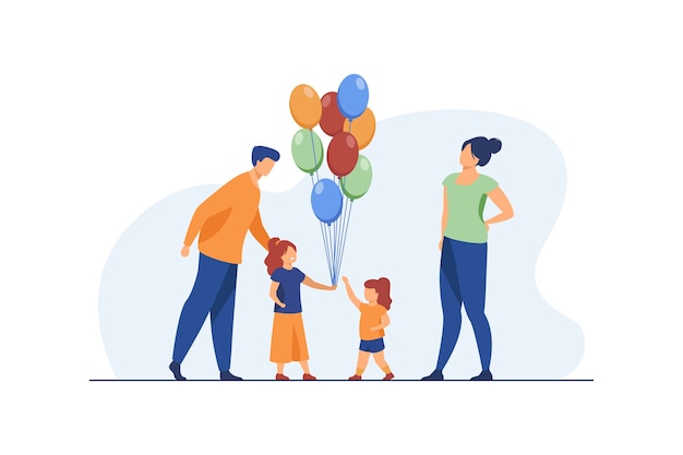 Free vector happy parents and little girls with air balloons. birthday, daughter, mom flat vector illustration. celebration and holiday