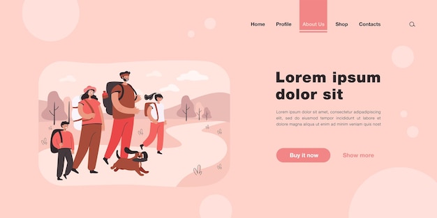 Happy parents with children walking on nature landing page in flat style