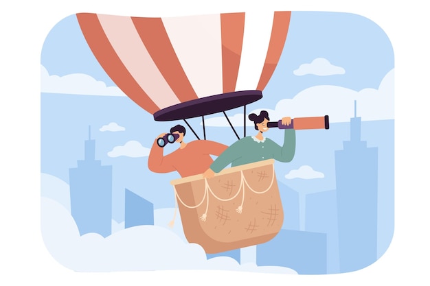 Free Vector happy people in air balloon flat vector illustration. man and woman or employees looking through binoculars and searching for creative vacancies, finding work. job hunting, research concept