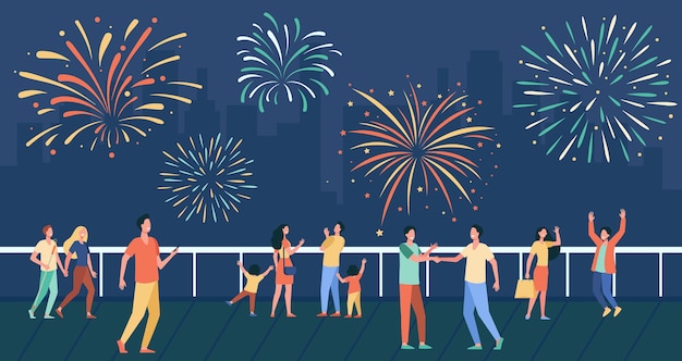 Free vector happy people celebrating on city street and watching fireworks flat illustration.