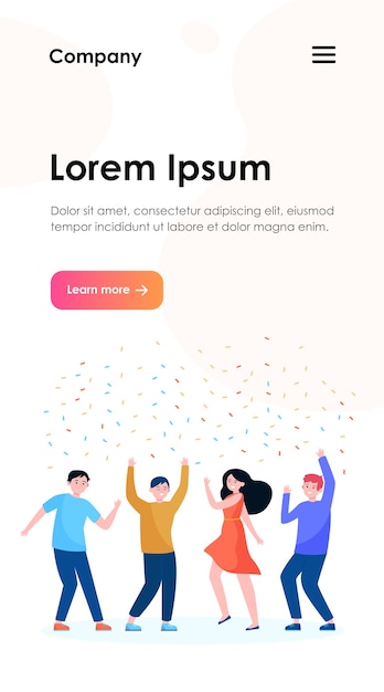 Happy people dancing at party together web template. Cartoon excited friends or coworkers celebrating with confetti