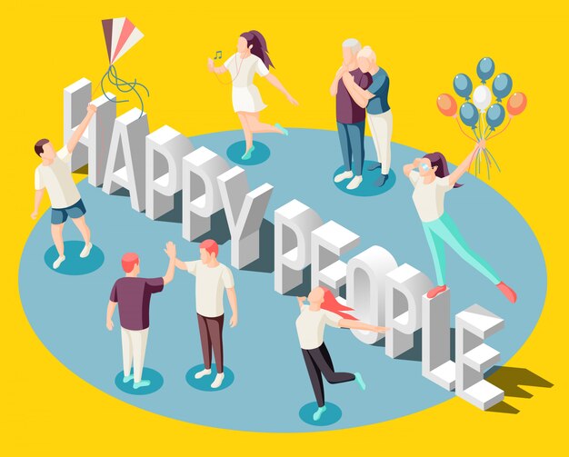 Happy people dancing with balloons spending time together enjoying life  isometric bright yellow  