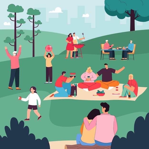 Free Vector happy people eating, drinking together, communicating under trees, playing with children. cartoon family resting during picnic in city park illustration