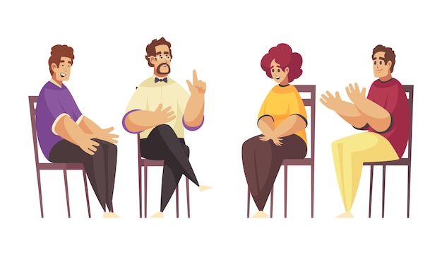 Happy people during group psychological therapy session with male psychologist cartoon isolated vector illustration