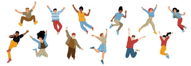 Happy people jump with raised arms characters