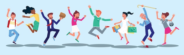 Free vector happy people jumping characters set cheerful young women men and senior persons isolated on blue background