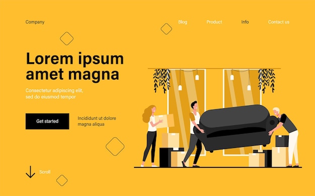 Free Vector happy people moving into new home landing page in flat style