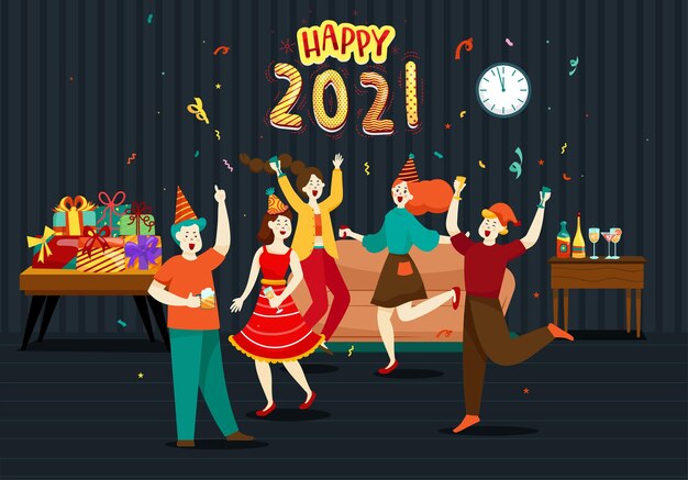 Free Vector happy people or office workers, employees hold big numbers 2021. group of friends or team wish merry christmas and happy new year