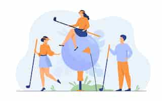 Free vector happy people playing golf with brassies and ball on lawn, enjoying their hobby, having fun.