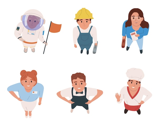 Free vector happy people of various professions looking up flat set with top view of chef builder astronaut office worker isolated vector illustration