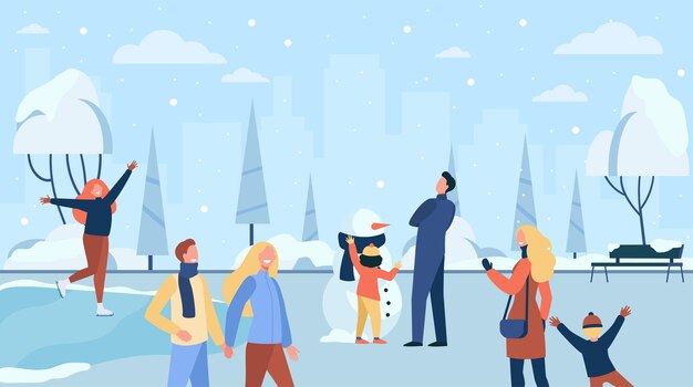 Free Vector happy people walking in cold winter park isolated flat illustration. cartoon characters ice skating, playing and family making snowman