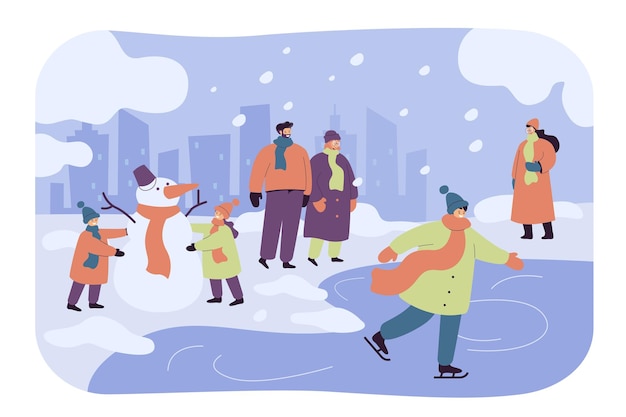 Happy people walking and having fun in winter park isolated flat illustration. Cartoon kids making snowman, guy skating