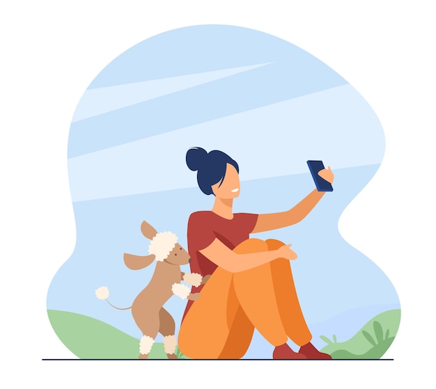 Happy person taking selfie outdoors. Woman enjoying time with her dog in park. Cartoon illustration