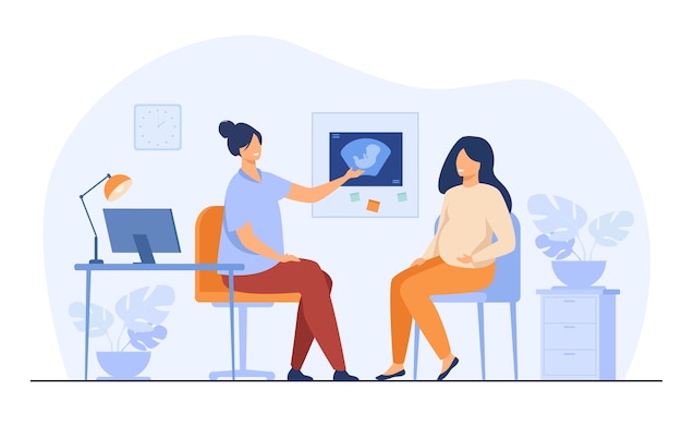 Free Vector happy pregnant woman consulting in gynecology office isolated flat vector illustration. cartoon female patient talking with doctor in hospital. medicine and pregnancy concept