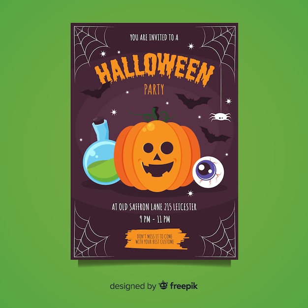 Happy pumpkin with cobweb halloween party flyer