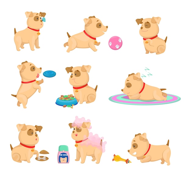 Free Vector happy puppy daily routine cartoon illustrations set