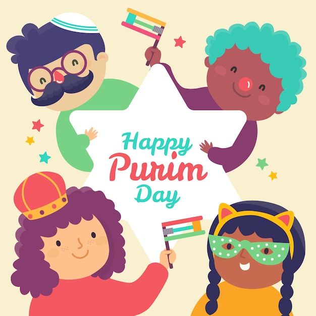 Free Vector happy purim day with dressed up people