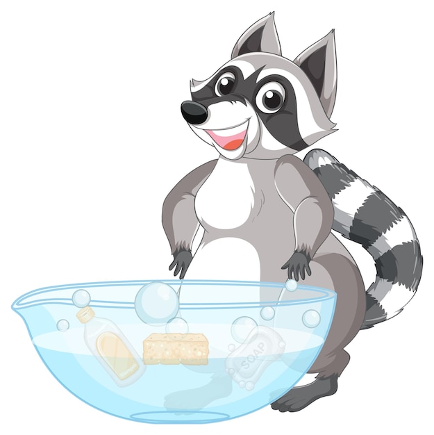 Happy raccoon and big bowl