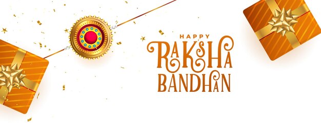 Happy raksha bandhan festival banner with gift boxes and rakhi design