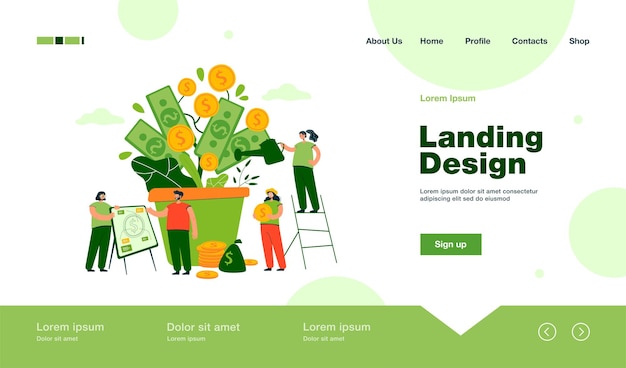 Free Vector happy rich people growing financial plant, watering money tree at pile of cash, analyzing wealth and prosperity landing page in flat style