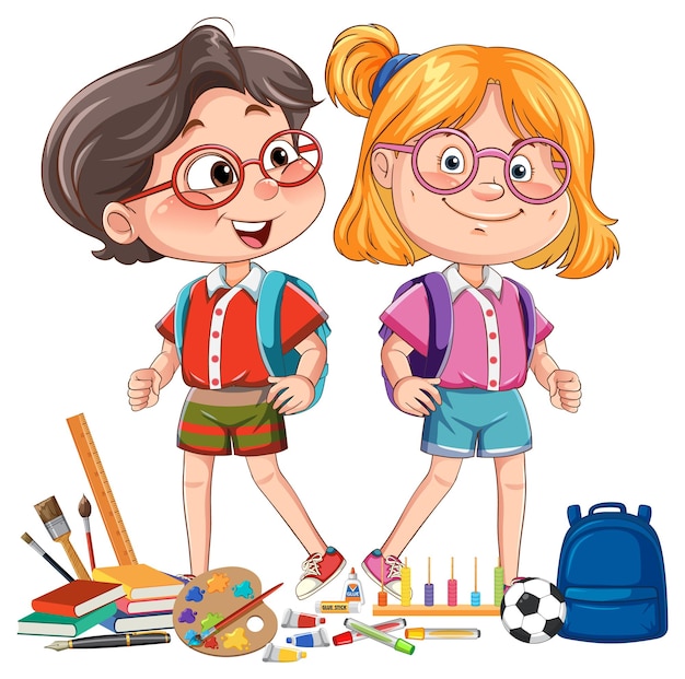 Free Vector happy school kids with supplies