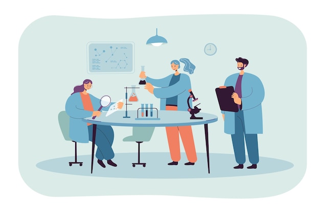 Happy scientist making research in laboratory isolated flat illustration.