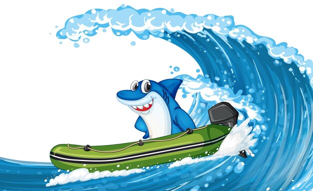 Happy shark on inflatable boat with ocean wave