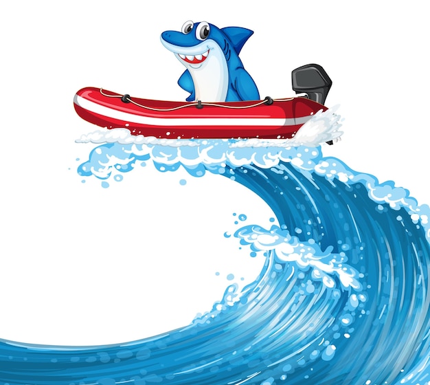 Free Vector happy shark on inflatable boat with ocean wave