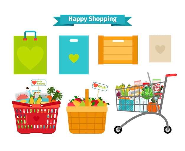 Free Vector happy shopping concept. only fresh and natural food. nature nutrition, sale natural