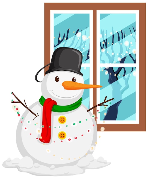 Free vector happy snowman with decoration by the window