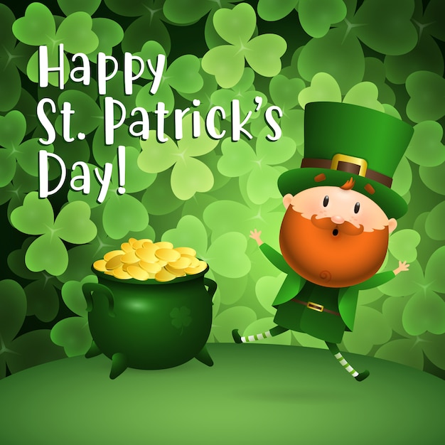 Free vector happy st patricks day lettering, leprechaun and pot of gold