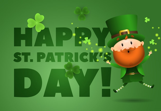 Happy St Patricks Day lettering with Leprechaun jumping