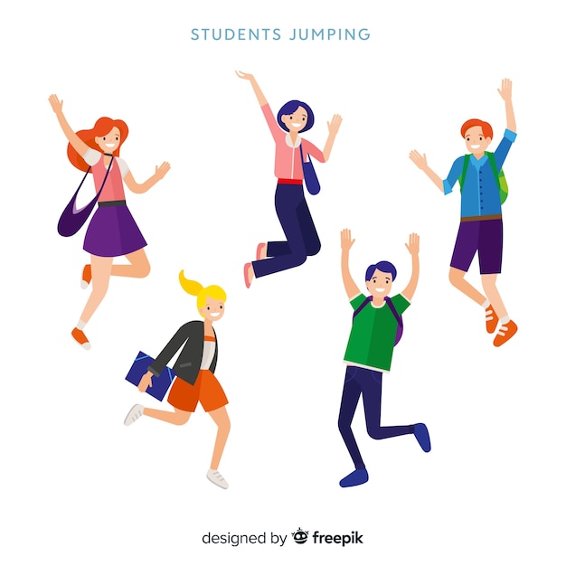 Happy students jumping with flat design