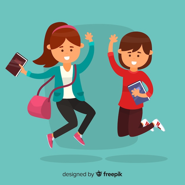 Happy students jumping with flat design