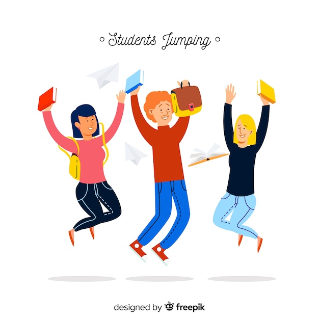 Happy students jumping with flat design