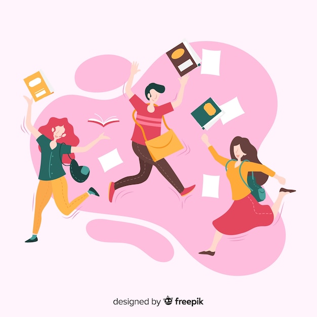 Happy students jumping with flat design